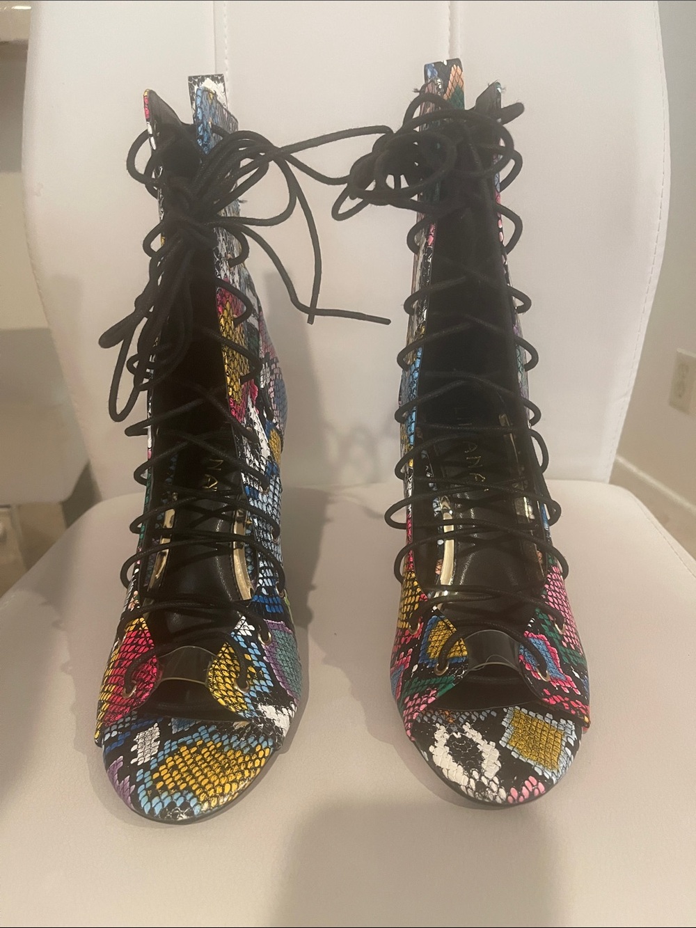 Liliana 8.5 Y2K Party Festival Multicolor Snakeskin Lace Up Peep Toe Heel Bootie